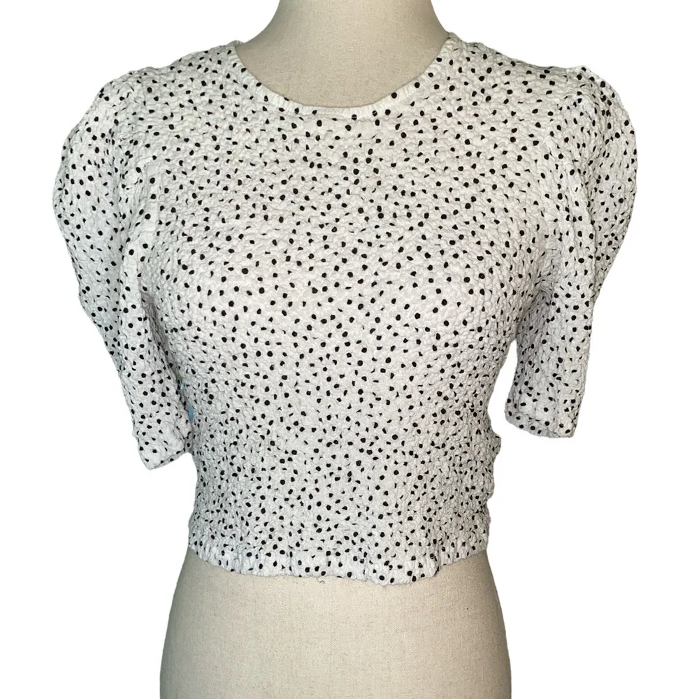 Zara Polka Dot Smocked Puff Sleeve Crinkle Crop Top - S